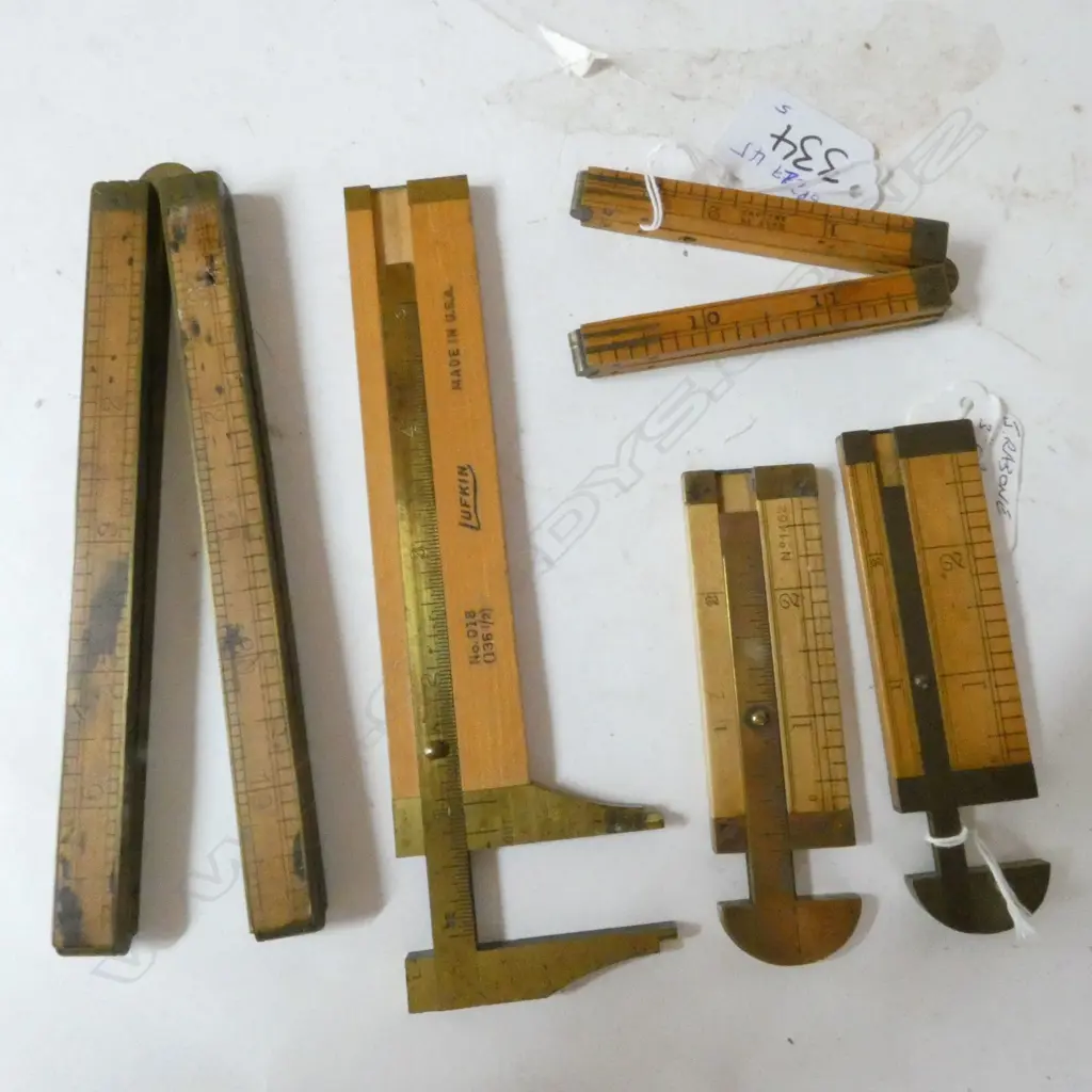 STANLEY No62 24" & HOCKLEY ABBEY 12" 4-FOLD RULES; 2 3" CALIPER RULES; LUFKIN No.16 5½" CALIPER RULE (5) Image 1++