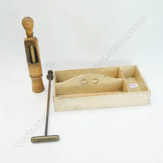 GERMAN (HENRY BOKER) TREEN PLUNGE BOTTLE CORKER, PRESSURE SPRAYER HANDLE & OLD PAINTED KNIFE BOX  