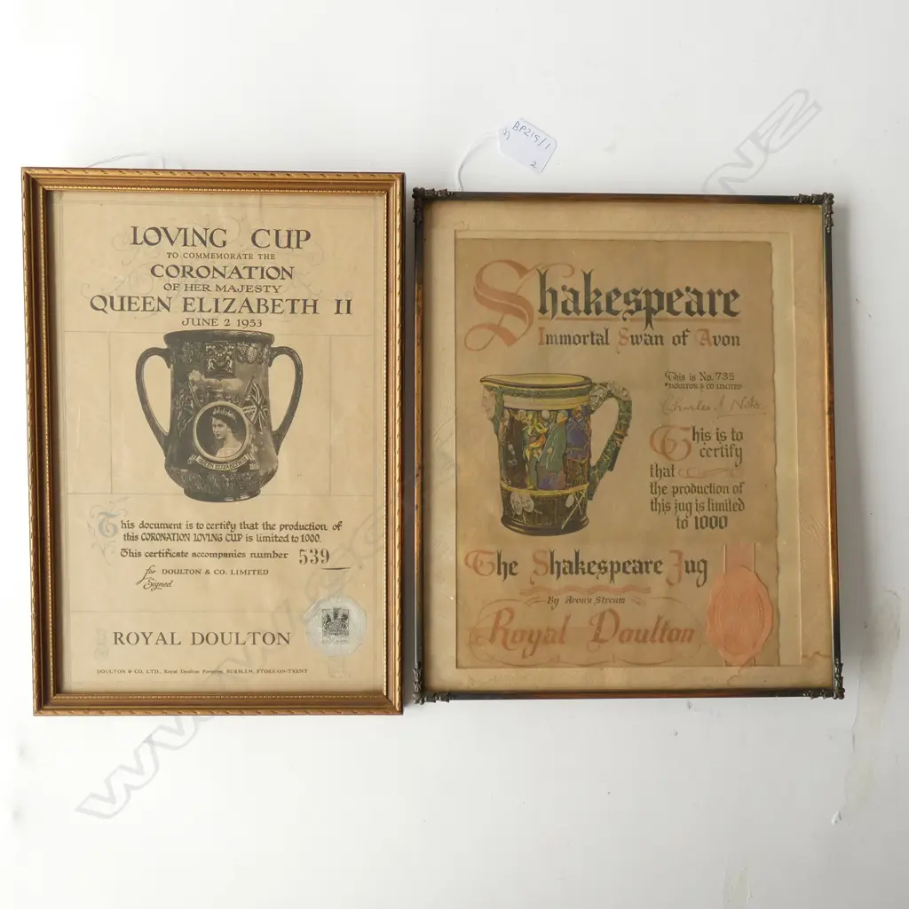 2 FRAMED ROYAL DOULTON CERTIFICATES H. 330MM Image 1++