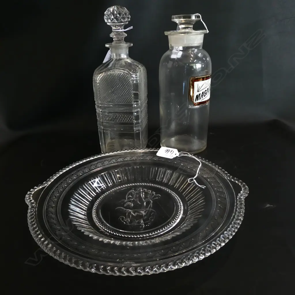 PRESSED GLASS PLATE, DECANTER, CHEMIST JAR WITH STOPPER Image 1++