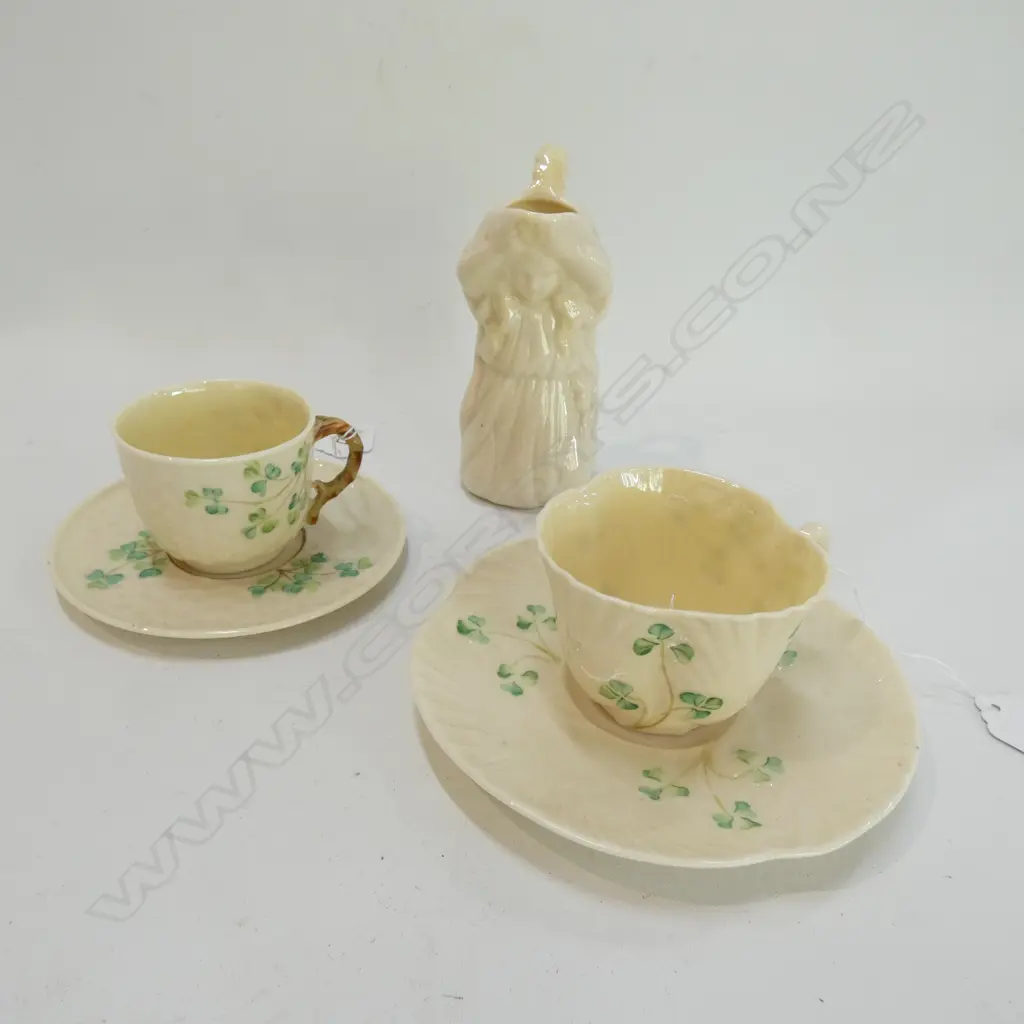 BELLEEK CHINA JUG + 2 C/SAUCERS Image 1++