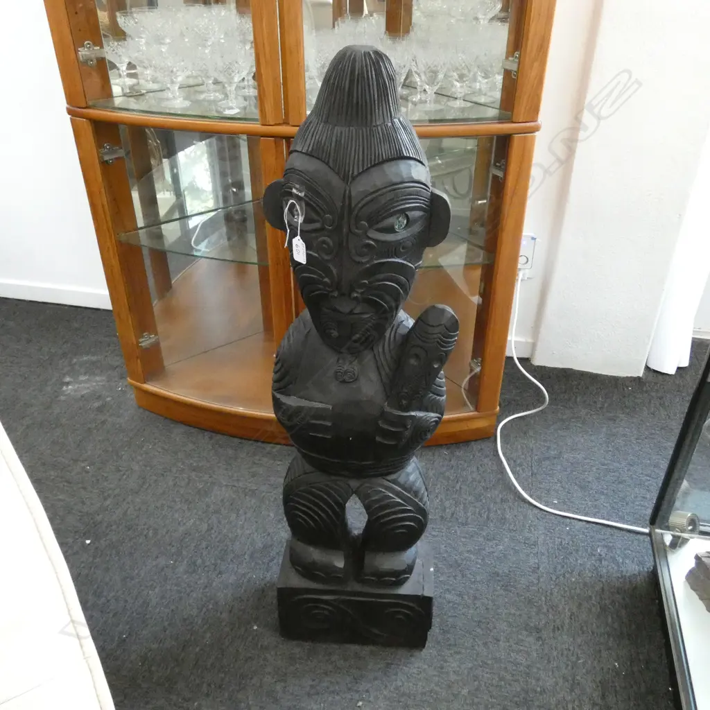 CARVED WOODEN MAORI FIGURE 970MM H Image 1++