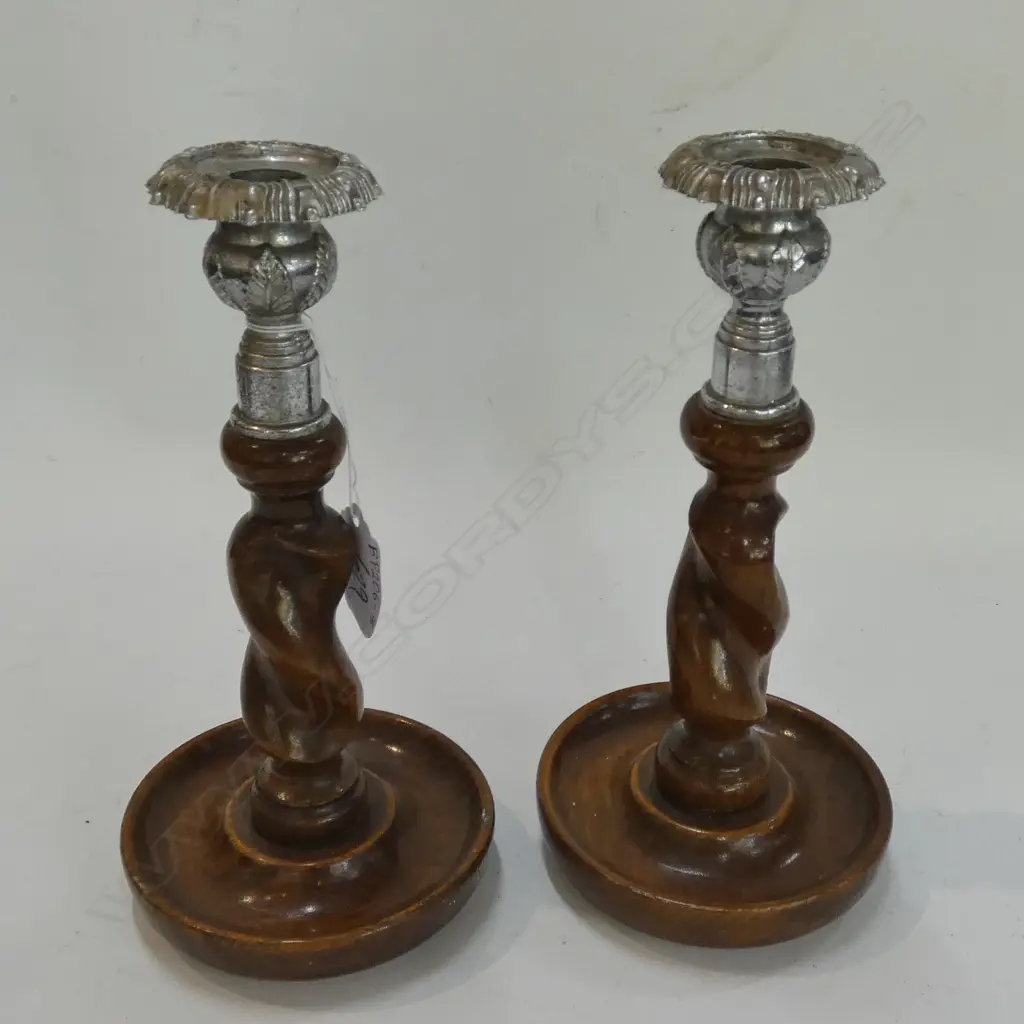 PAIR OF WOODEN & METAL CANDLESTICKS   Image 1++