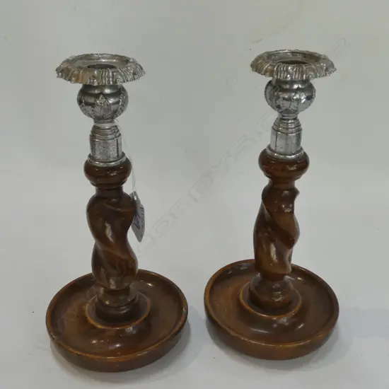 PAIR OF WOODEN & METAL CANDLESTICKS  
