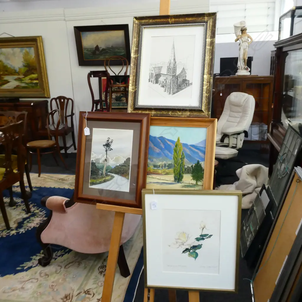 4 ARTWORKS; LANDSCAPE OIL ON BOARD, W/C, CATHEDRAL ETCHING, JUDY LAMBERT ROSE W/C Image 1++