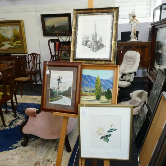 4 ARTWORKS; LANDSCAPE OIL ON BOARD, W/C, CATHEDRAL ETCHING, JUDY LAMBERT ROSE W/C