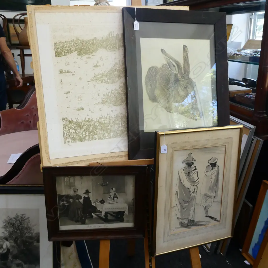 4 ARTWORKS; PILGRIM PRINT, DURER RABBIT, SYDNEY HARBOUR, INK DRAWING WITH 2 FIGURES Image 1++