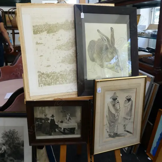 4 ARTWORKS; PILGRIM PRINT, DURER RABBIT, SYDNEY HARBOUR, INK DRAWING WITH 2 FIGURES
