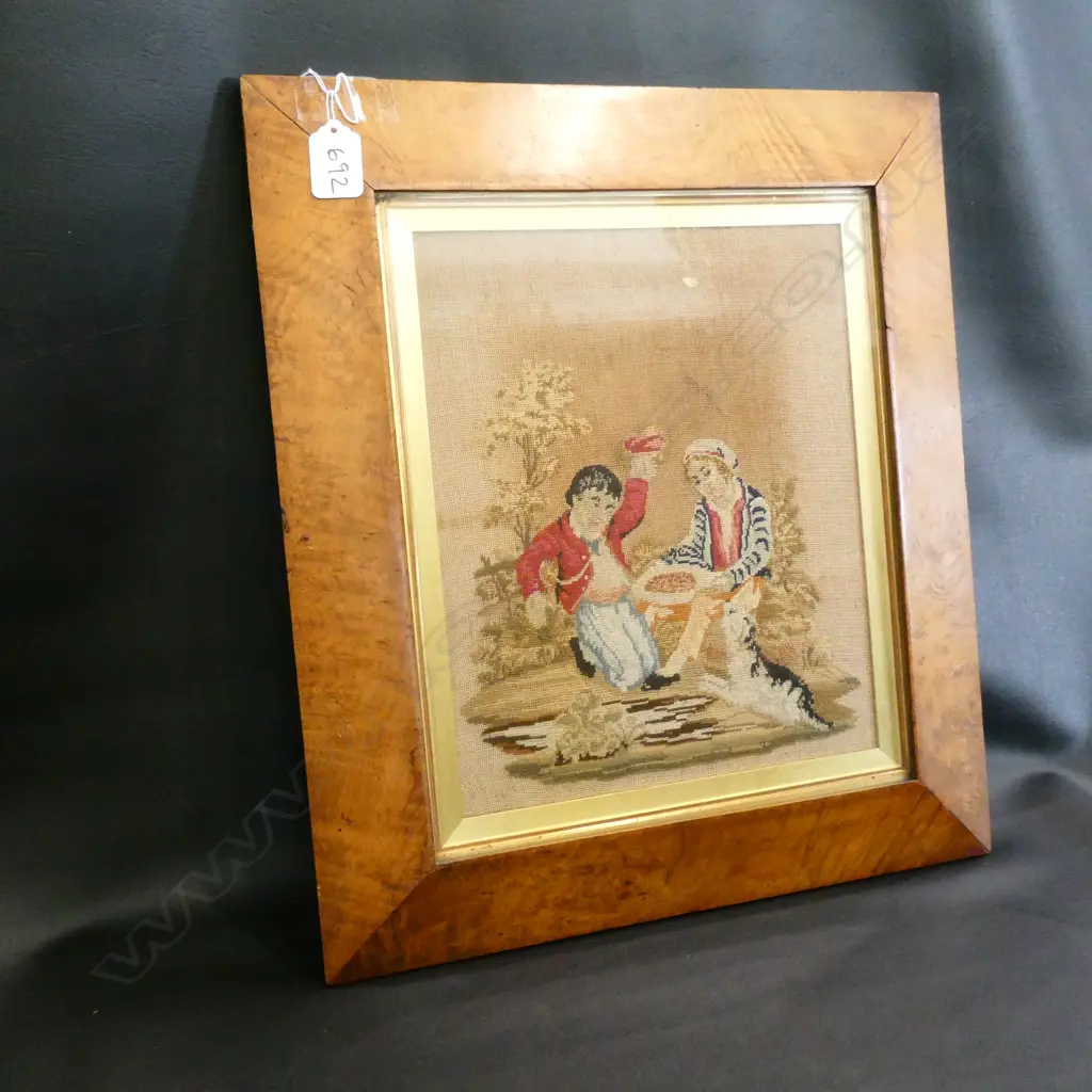 VICTORIAN EMBROIRED PICTURE; CHILDREN PLAYING WITH DOG WALNUT FRAME 390 X 440MM Image 1++