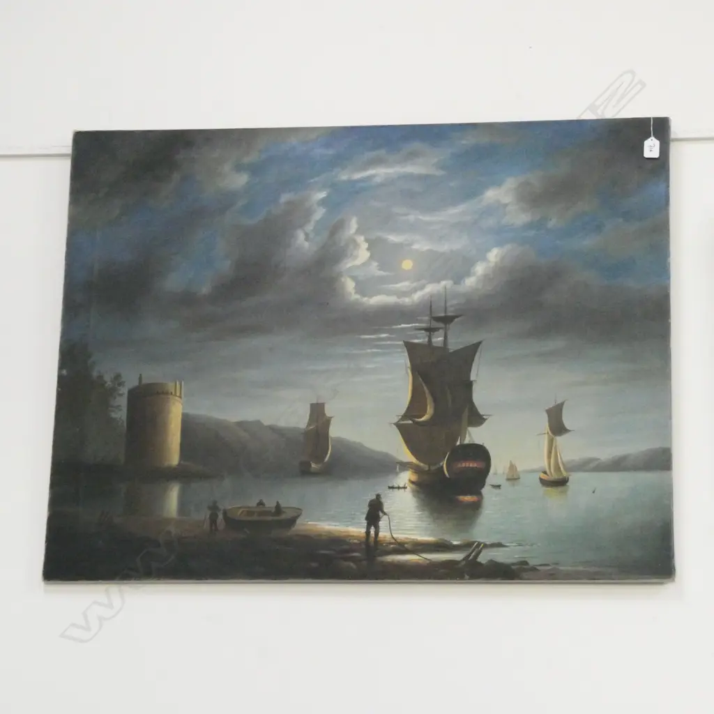 F.W. FLOWERDAY  BOAT SCENE UNDER MOONLIGHT signed and titled to reverse 1000 x 765mm unframed Image 1++