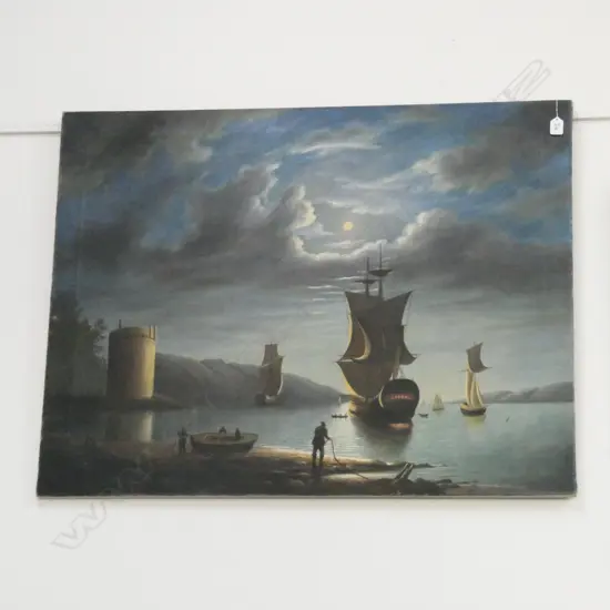 F.W. FLOWERDAY  BOAT SCENE UNDER MOONLIGHT signed and titled to reverse 1000 x 765mm unframed