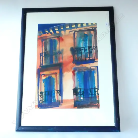 ALISON RYDE WATERCOLOUR AUCKLAND BLUE BALCONY 1070 X 810 MM