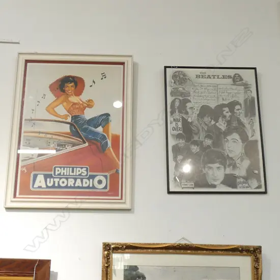 2 FRAMED VINTAGE PRINTS; BEATLES ILLUSTRATION & PHILIPS AUTORADIO 760 X 560MM