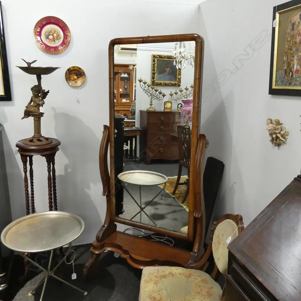 VICTORIAN MAHOGANY SWING MIRROR ON CASTORS  (VENEER REQUIRES ATTENTION) H. 1700MM Image 1++