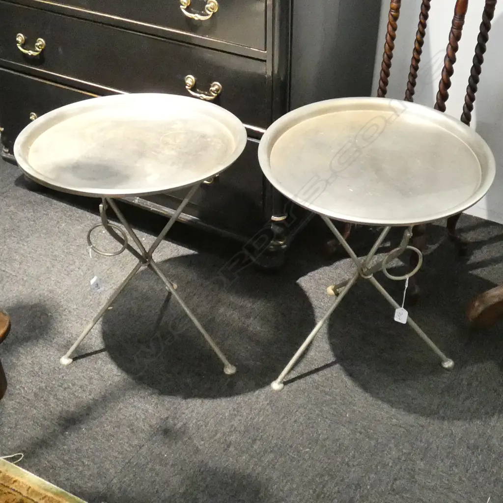2 FOLDING METAL SIDE TABLES SOME MARKS 470 D X 56OMM H Image 1++