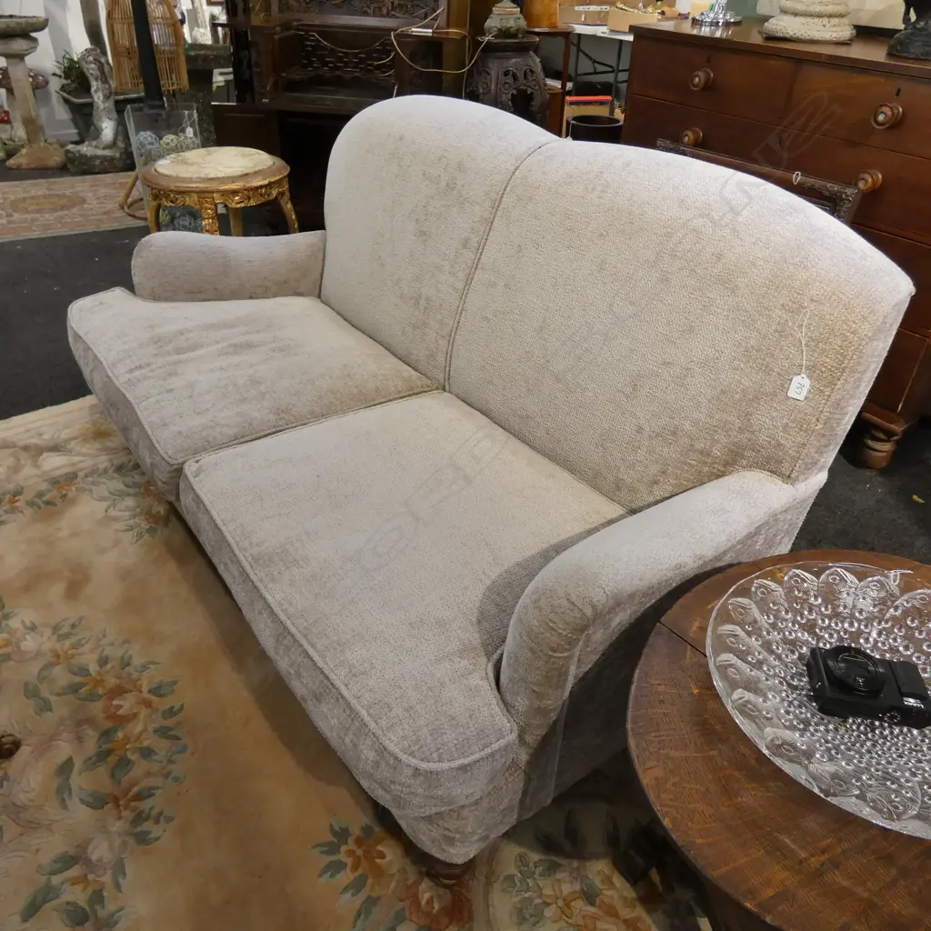 UPHOLSTERED ENGLISH ROLL ARM SOFA ON CASTORS/ WOODEN FEET. GREY/BEIGE VELVET TONES Image 1++