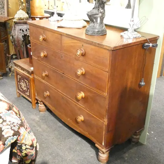 5 DRAWER CHEST MOP INLAY HANDLES W. 1120 SOME SMALL LOSSES TO VANEER AND UNSTABLE ON FEET