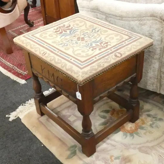 OAK AND TAPESTRY ELIZABETHAN STYLE STORAGE STOOL