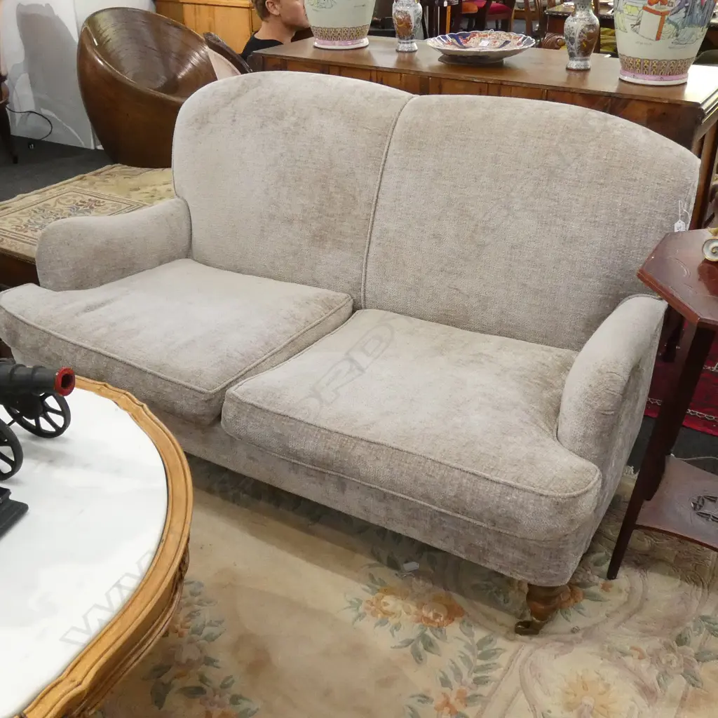 UPHOLSTERED ENGLISH ROLL ARM SOFA ON CASTORS/ WOODEN FEET. GREY/BEIGE VELVET TONES Image 1++