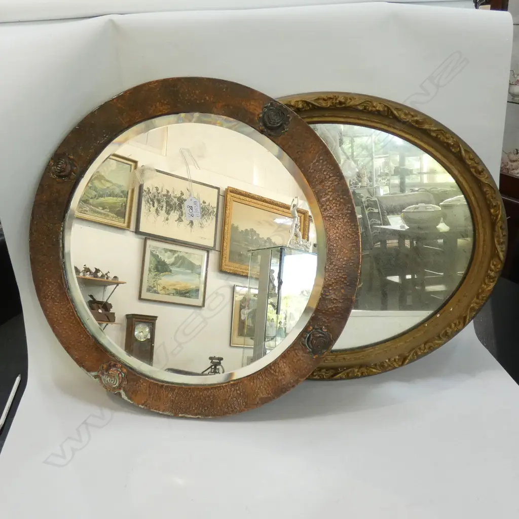 2 VINTAGE MIRRORS; BEATEN COPPER CIRCULAR 550MM DIA, GESSO L. 600MM Image 1++