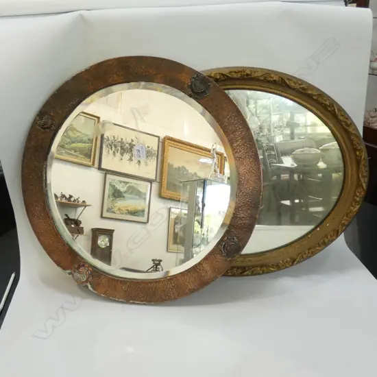 2 VINTAGE MIRRORS; BEATEN COPPER CIRCULAR 550MM DIA, GESSO L. 600MM