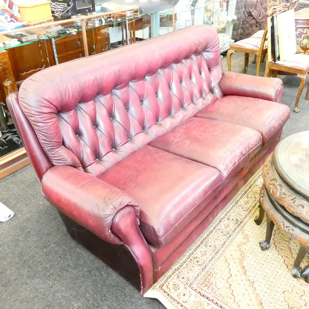 VINTAGE BURGANDY LEATHER BUTTON BACK SOFA, SOME WEAR, L. 1900MM Image 1++