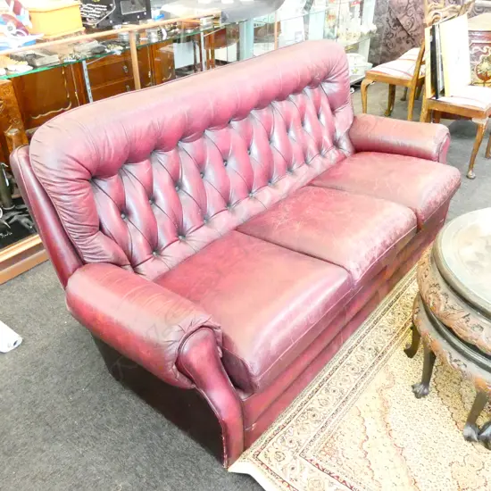 VINTAGE BURGANDY LEATHER BUTTON BACK SOFA, SOME WEAR, L. 1900MM