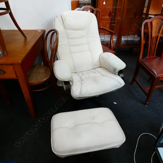 SCANDINAVIAN STYLE LEATHER ARMCHAIR AND STOOL 