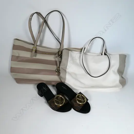 2 DESIGNER LEATHER HANDBAGS; STRIPED MICHAEL KORS & WHITE FURLA + PR LOUIS VUITTON? SHOES, SIZE 36