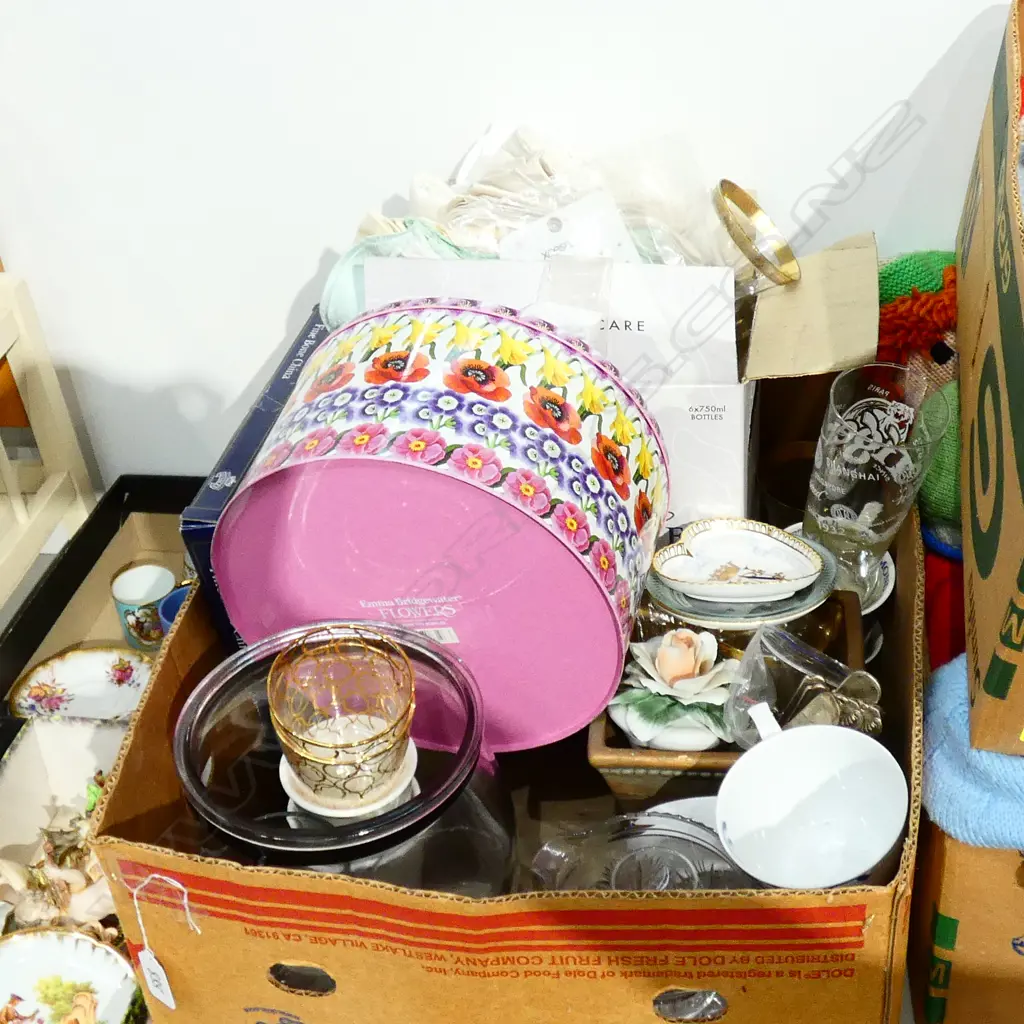 BOX LOT ASST GLASSES, CRYSTAL, CAKE TIN, WINE GLASSES ETC Image 1++