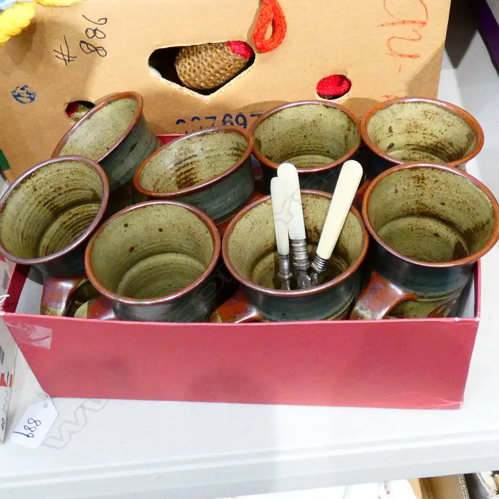 SET OF 8 ARNAUD BARRAUD STUDIO POTTERY CUPS + 3  MOP SPOONS Image 1++