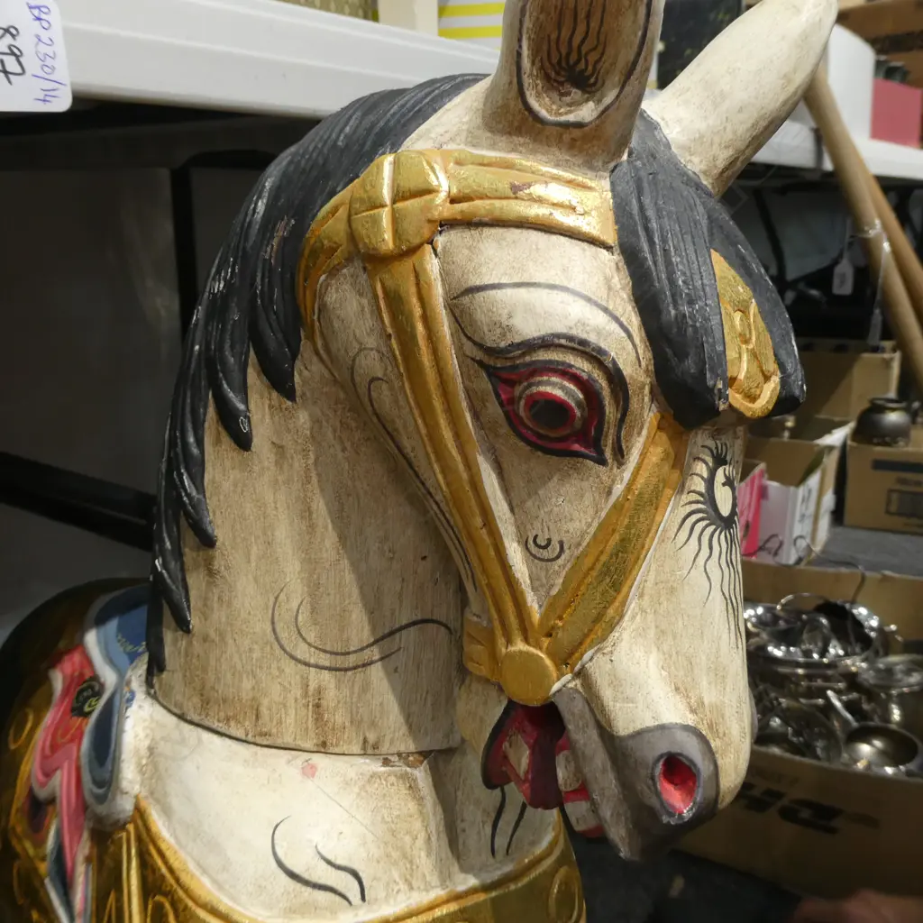 PAINTED WOODEN HORSE SOME DAMAGE VINTAGE MOP+RIDE ON HORSE TOY Image 1++