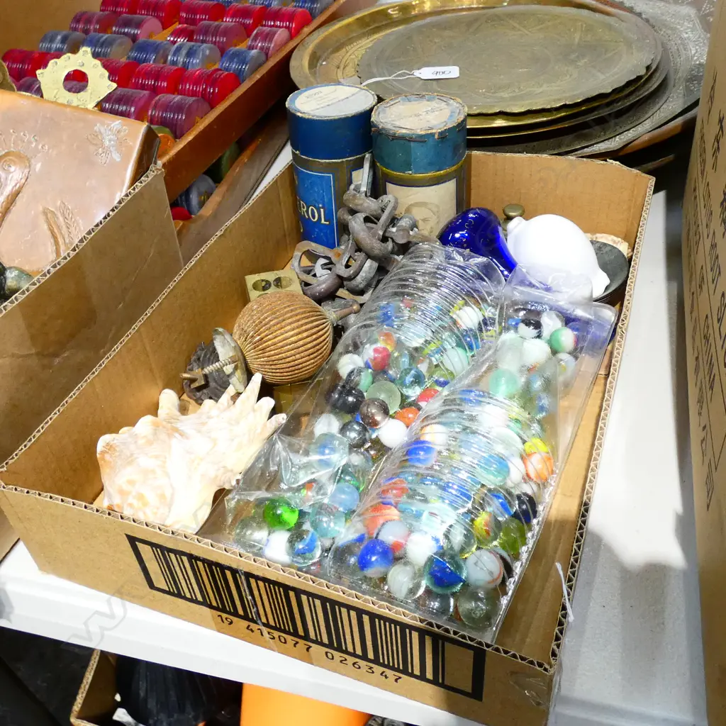 BOX LOT MARBLES, SHELLS, EDISON RECORDS ETC Image 1++