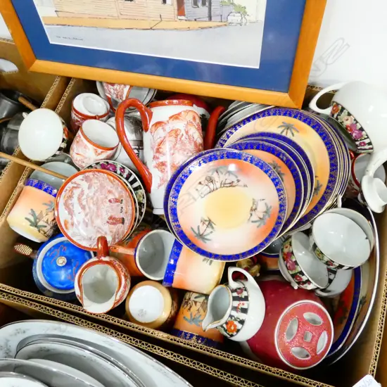 BOX LOT ASST SATSUMA WARE, JAPANESE TEA SETS ETC