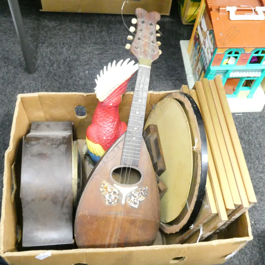 BOX LOT LUTE, CLOCK, PRINTS, PARROT ETC Image 1++