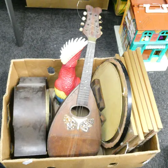 BOX LOT LUTE, CLOCK, PRINTS, PARROT ETC