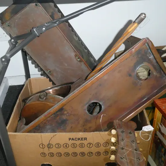 BOX LOT COPPER PANS, CARPET BEATERS ETC