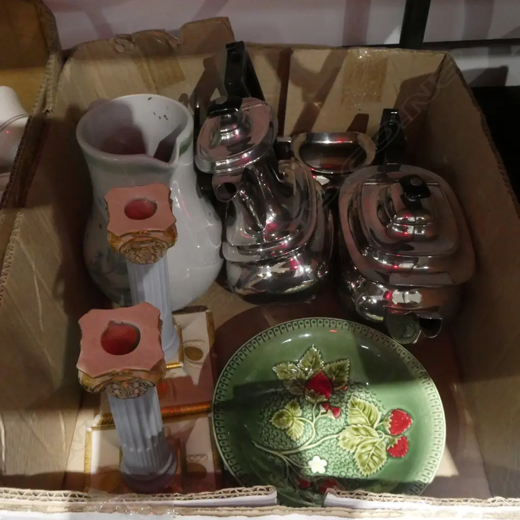 BOX LOT EP, ROYAL WORCESTER CANDLSTICKS AF, PORTOBELLO STONEWARE JUG ETC Image 1++