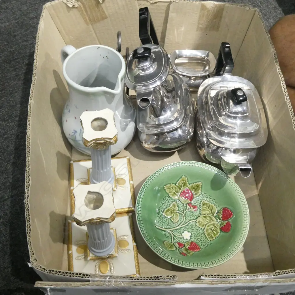 BOX LOT EP, ROYAL WORCESTER CANDLSTICKS AF, PORTOBELLO STONEWARE JUG ETC Image 1++