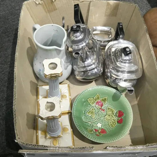 BOX LOT EP, ROYAL WORCESTER CANDLSTICKS AF, PORTOBELLO STONEWARE JUG ETC