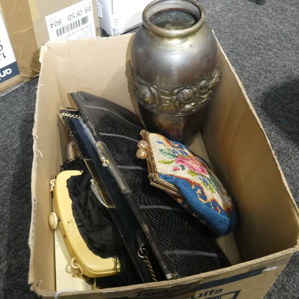 LOT ARTS+CRAFTS BRASS VASE + ASST VINTAGE PURSES ETC Image 1++