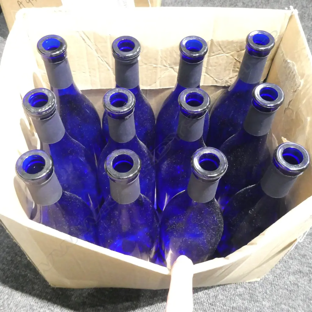 BOX LOT 12 BLUE WINE BOTTLES Image 1++
