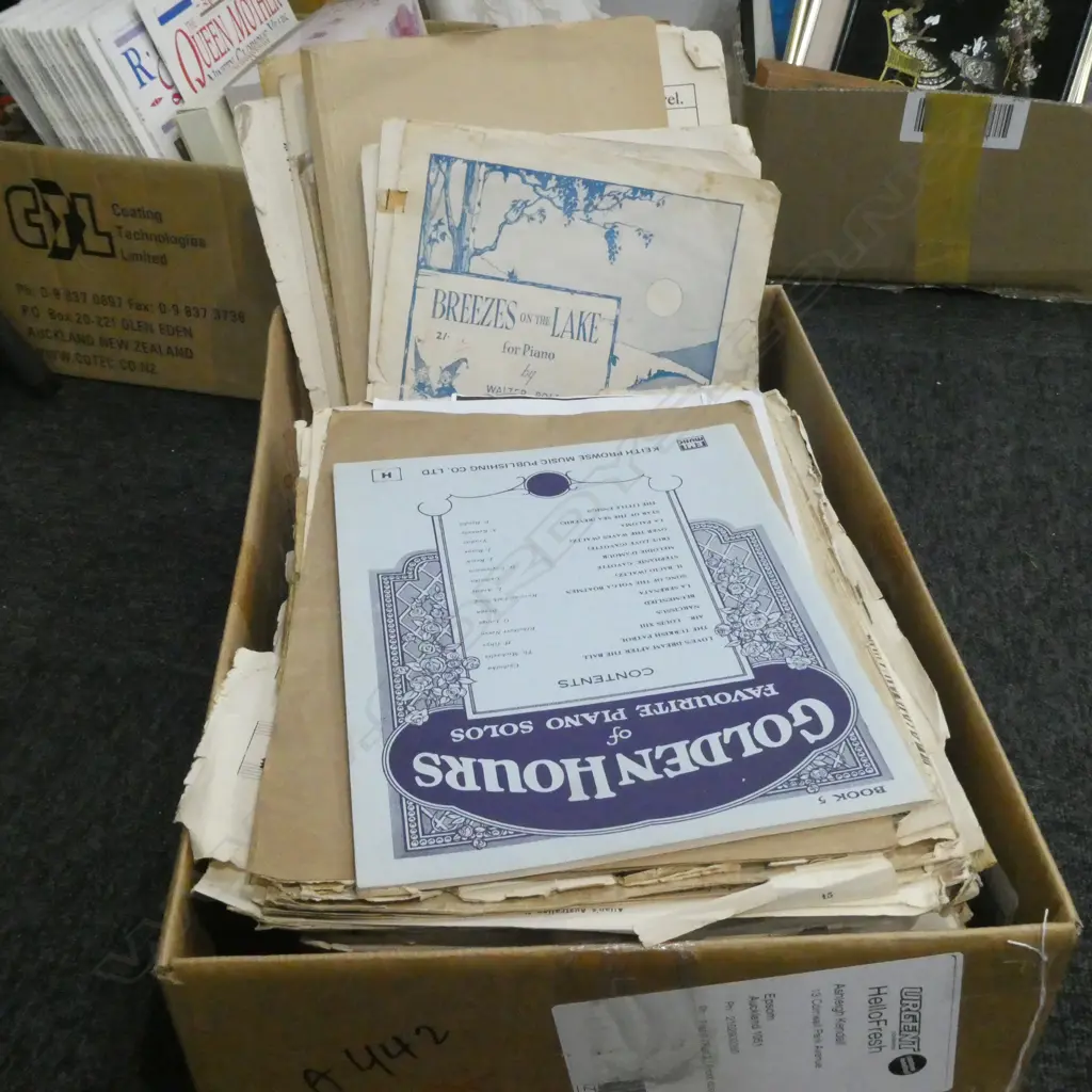 BOX LOT VINTAGE SHEET MUSIC, SMALL OIL BURNER AND PHONECARDS Image 1++