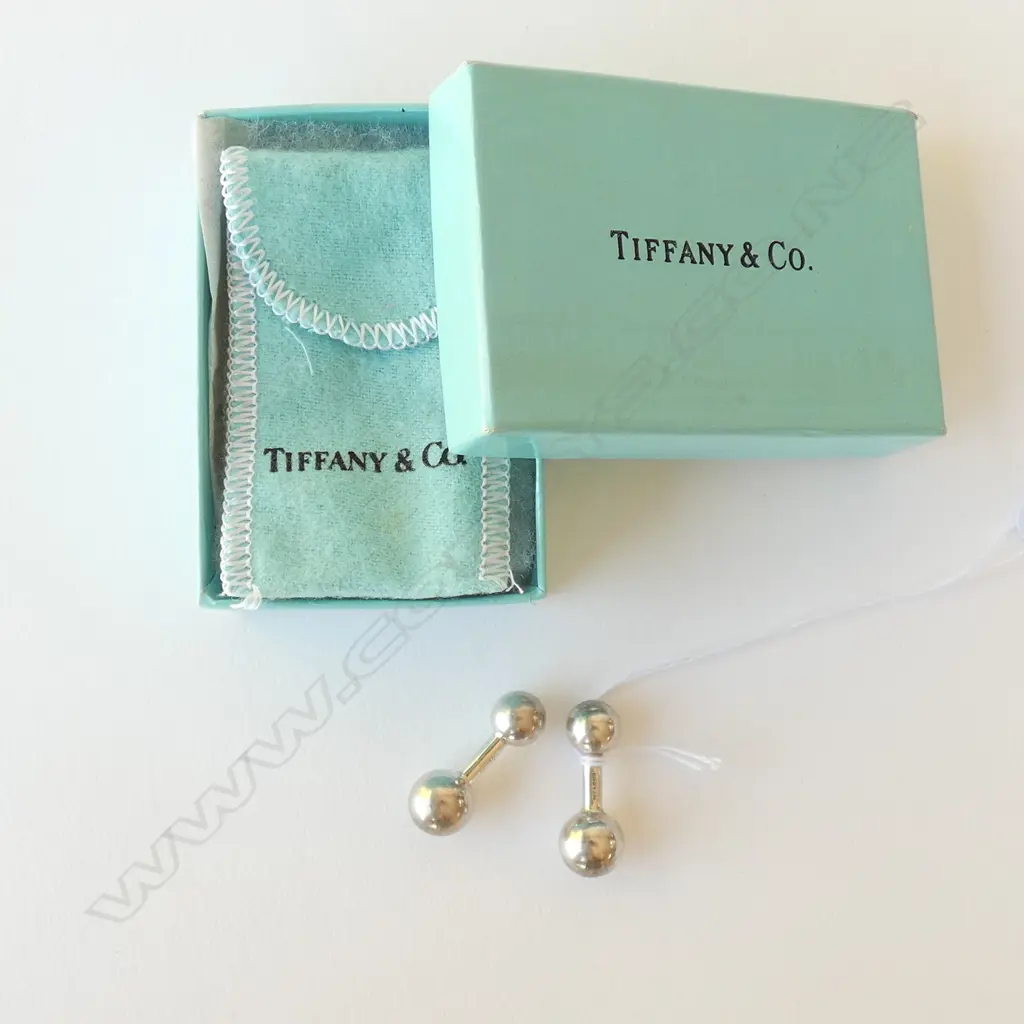 PR TIFFANY SILVER DUMBELL CUFFLINKS,  BOXED & WITH NAMED BAG, 4.97G Image 1++