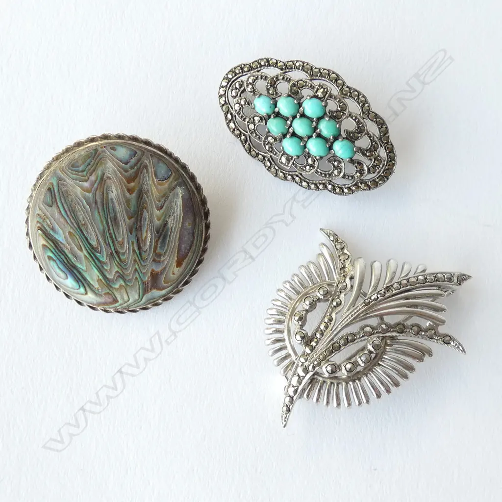 3 SILVER BROOCHES; PAUA + 2 MARCASITE  Image 1++