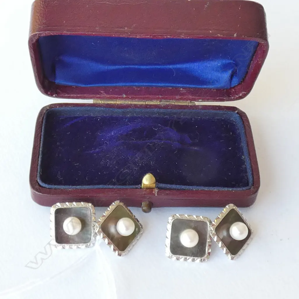 PR 14GCT WHITE GOLD, MOP & PEARL CUFFLINKS, STAMPED WG 14K, TOTAL 9GM, 10MM Image 1++