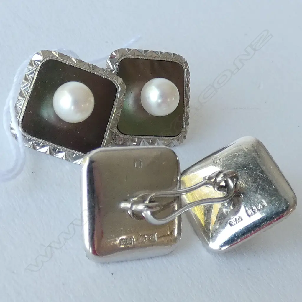 PR 14GCT WHITE GOLD, MOP & PEARL CUFFLINKS, STAMPED WG 14K, TOTAL 9GM, 10MM Image 1++