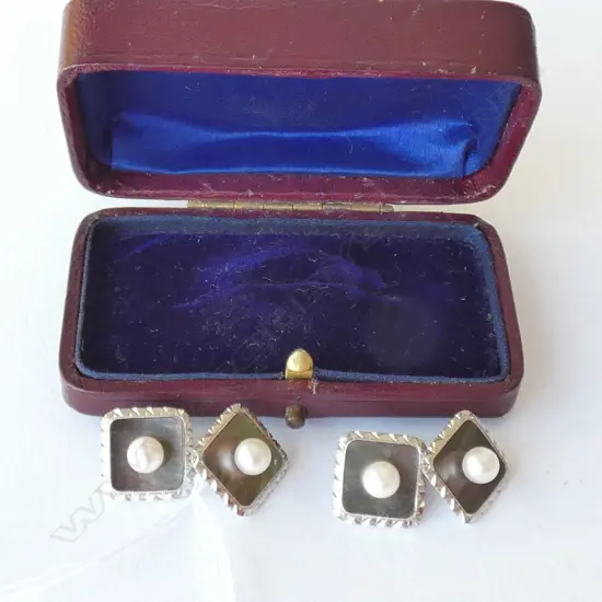 PR 14GCT WHITE GOLD, MOP & PEARL CUFFLINKS, STAMPED WG 14K, TOTAL 9GM, 10MM