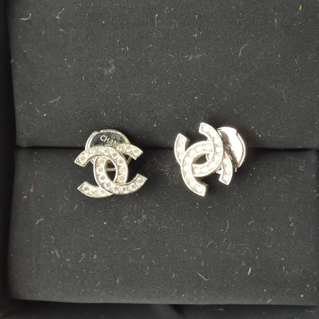 PAIR OF CHANEL SILVER & CZ STUD EARRINGS IN ORIGINAL BOX Image 1++