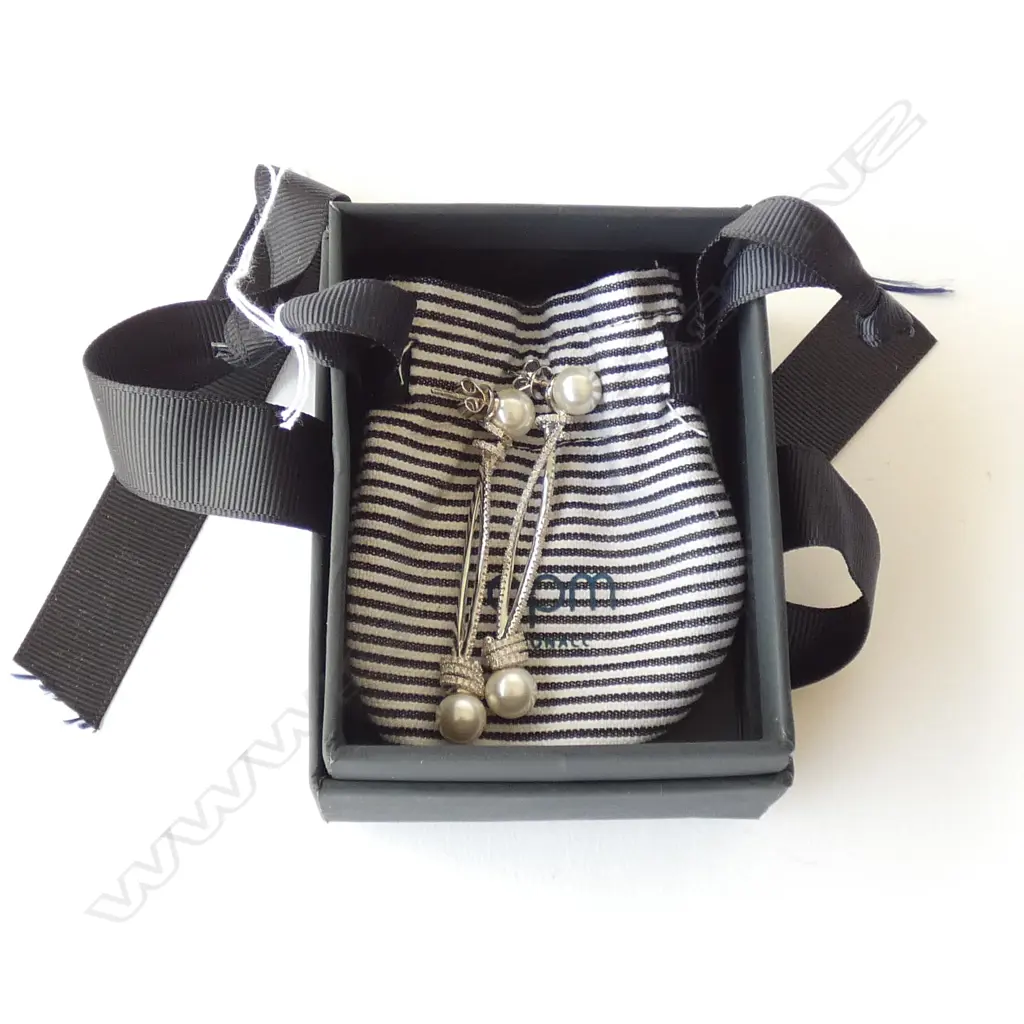 PAIR OF SILVER/PEARL/CZ EARRINGS BY APM MONACO IN ORIGINAL BAG AND PACKAGING Image 1++